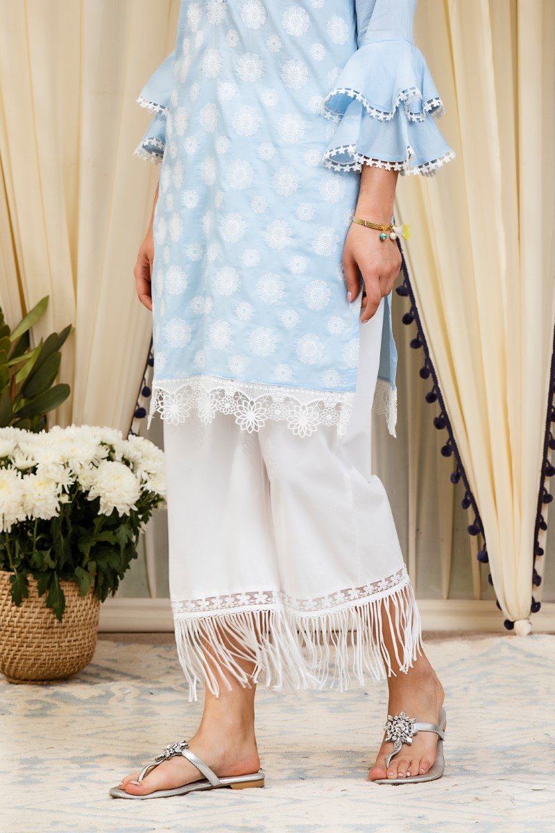 Mulmul Cotton Daffodil Blue Kurta  with New Poppy White Pants