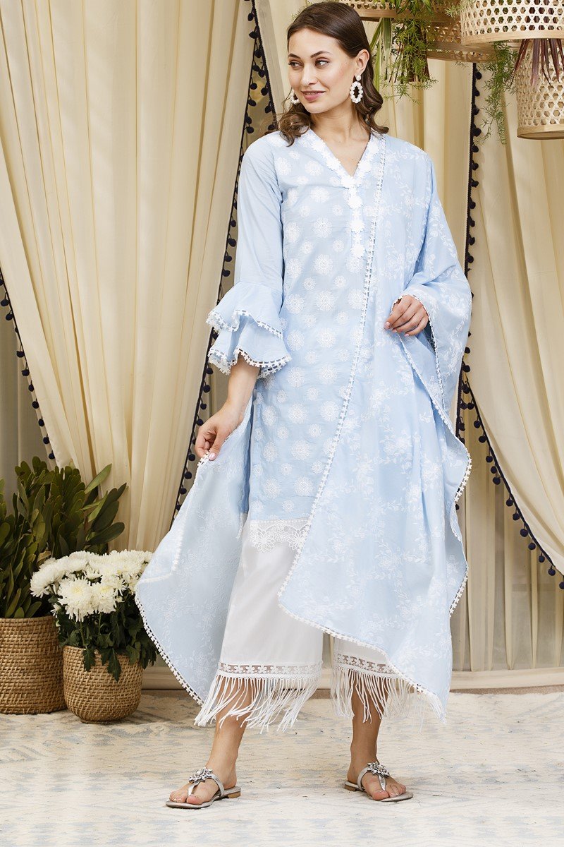 Mulmul Cotton Daffodil Blue Kurta  with New Poppy White Pants