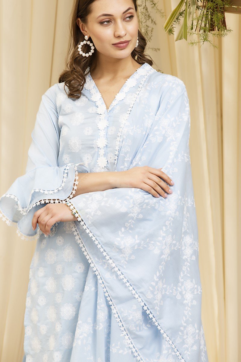 Mulmul Cotton Daffodil Blue Kurta  with New Poppy White Pants