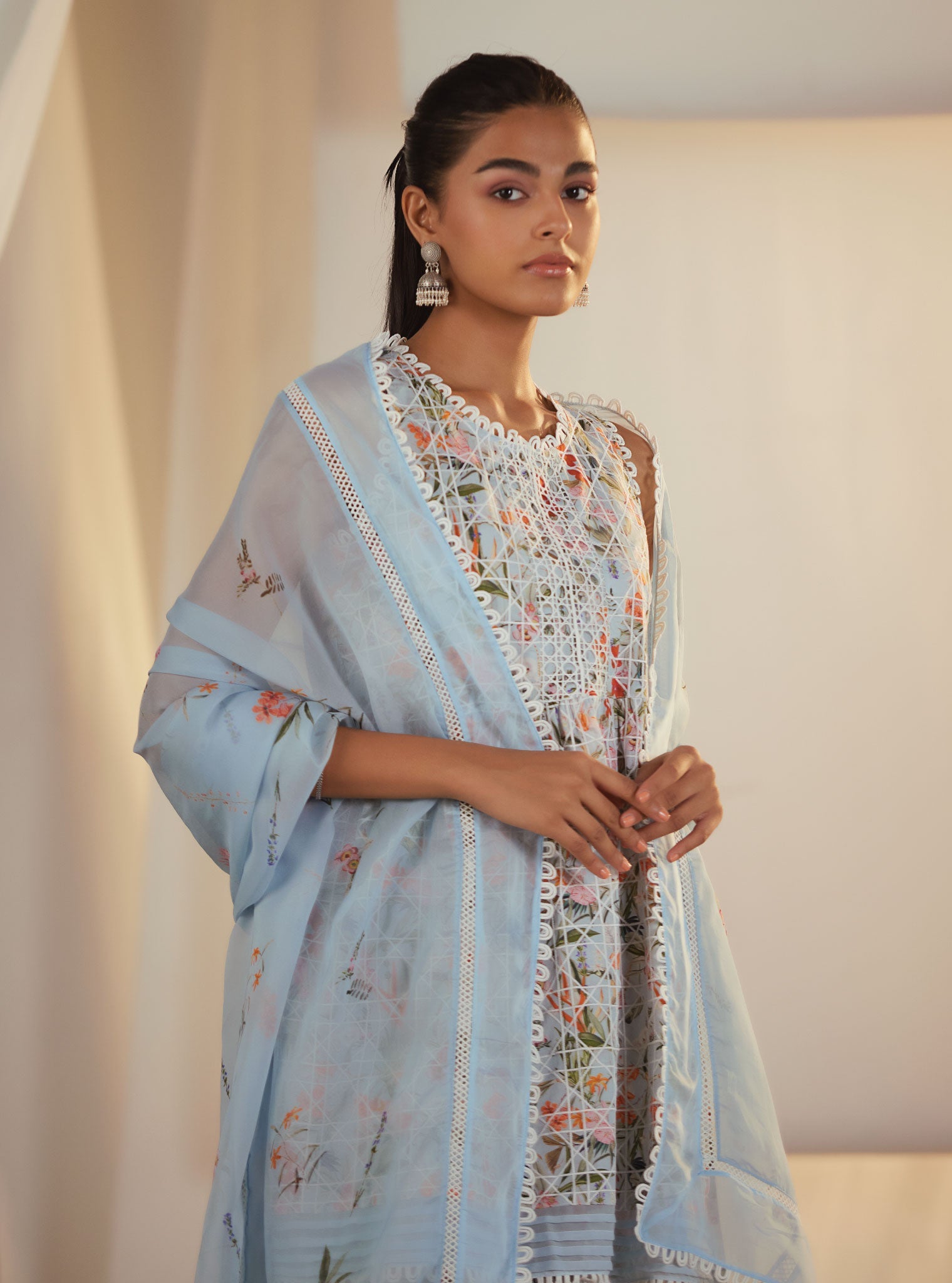 Mulmul Cotton Elora Blue Kurta With Elora Blue Bell Bottom Pant