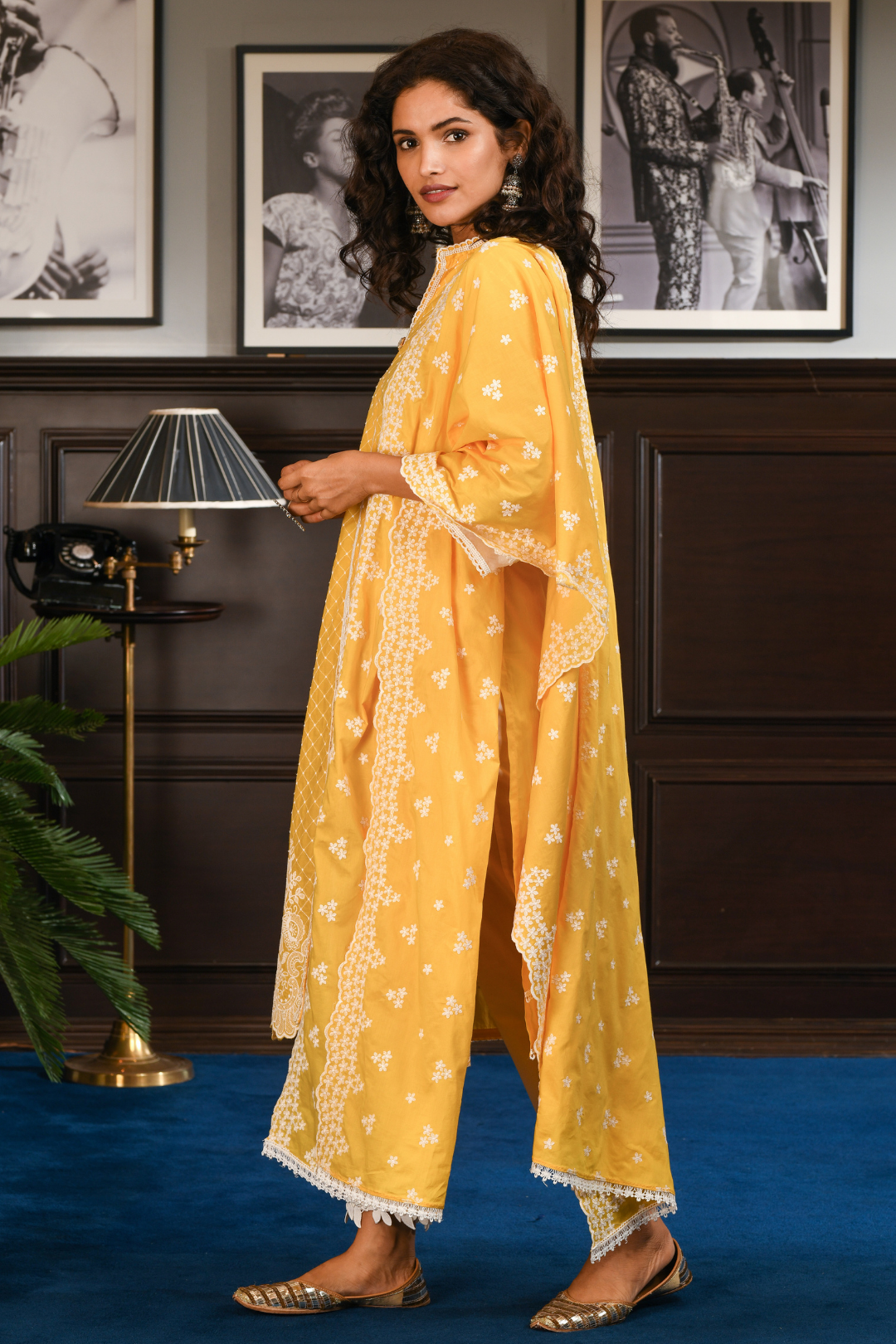 Mulmul Cotton Cayo Yellow Kurta With Hibiscus Pants