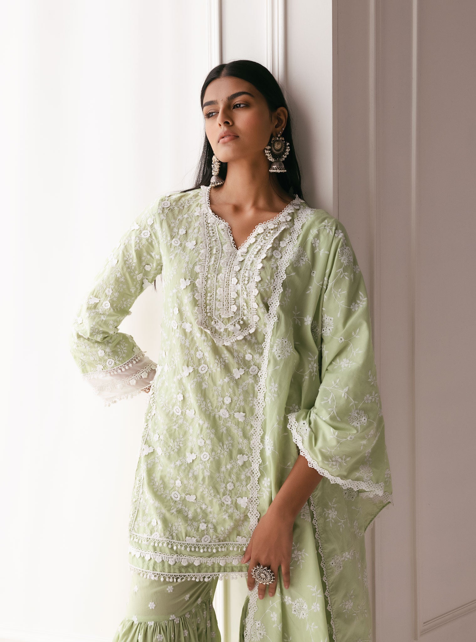 Mulmul Cotton Kanji Green Kurta With Kanji Green Garara