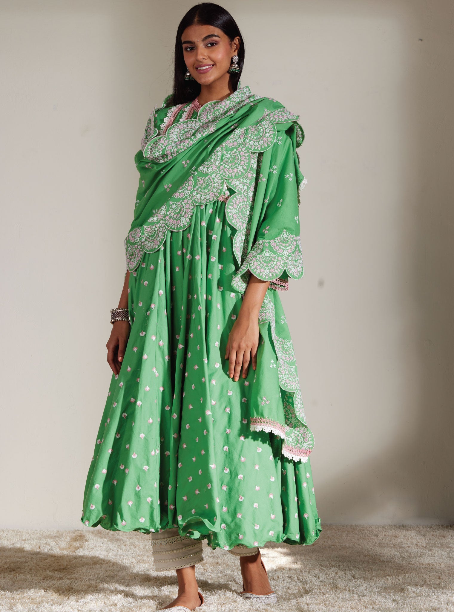 Mulmul Cotton Nadine Green Anarkali Kurta With Mirror Gota White Pant