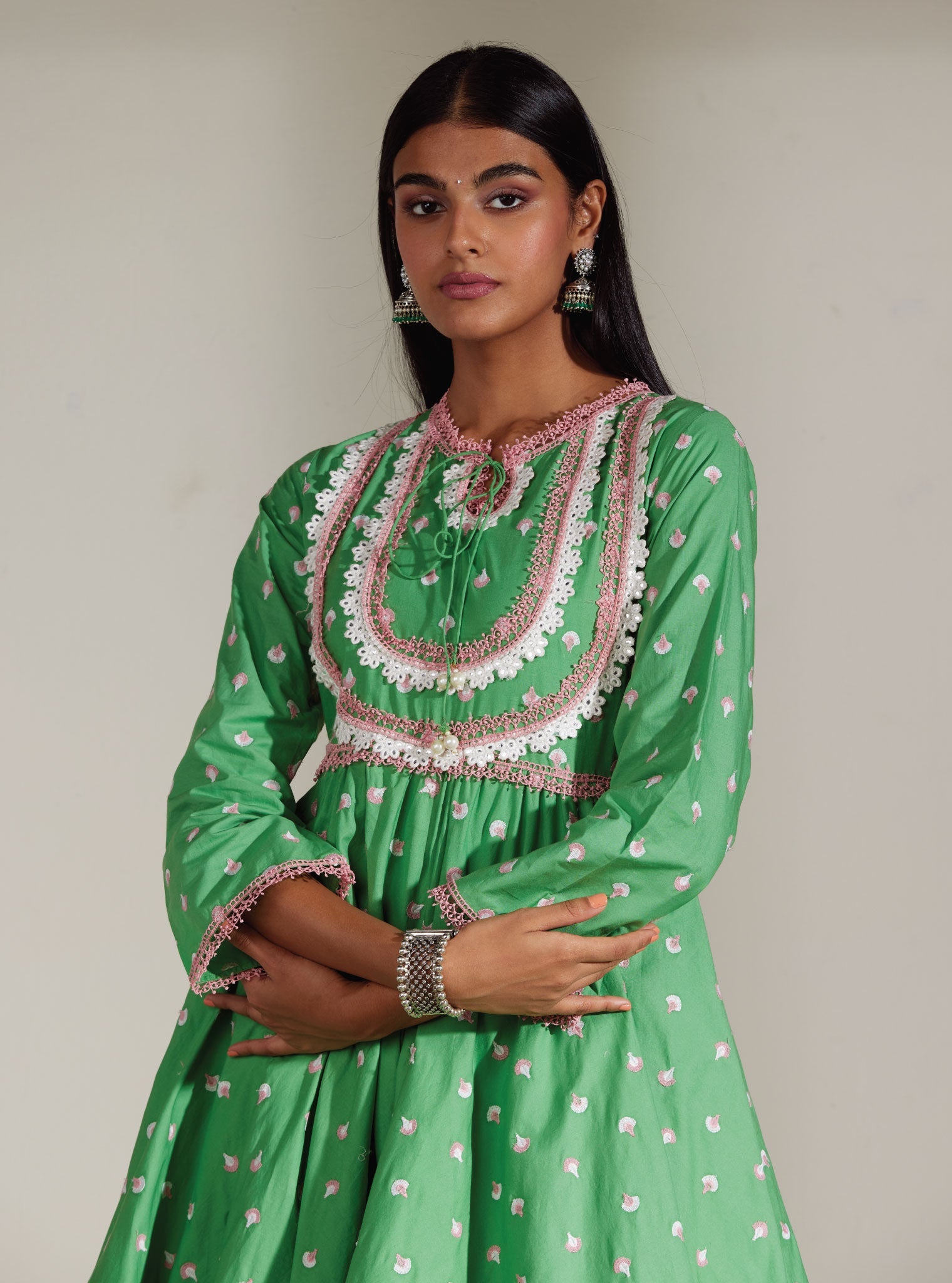 Mulmul Cotton Nadine Green Anarkali Kurta With Mirror Gota White Pant