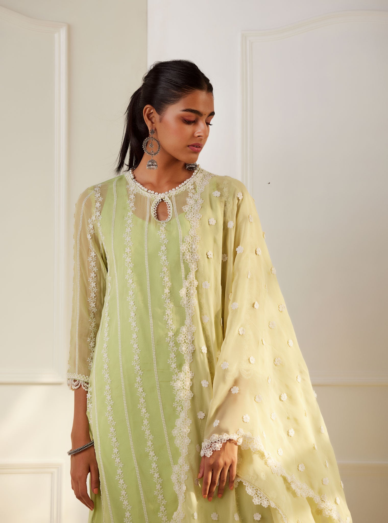 Mulmul Organza Zella Green Kurta With Cotton Zella Green Pant